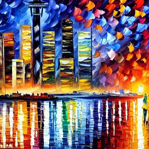 Prompt: oil painting of seattle by leonid afremov