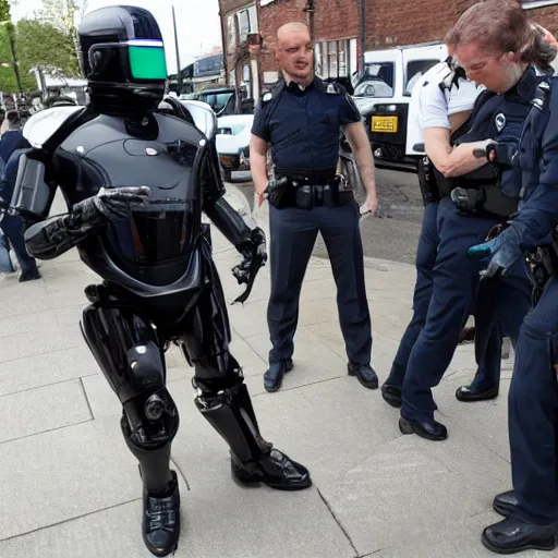 Image similar to robocop arresting british person, detailed facial expression