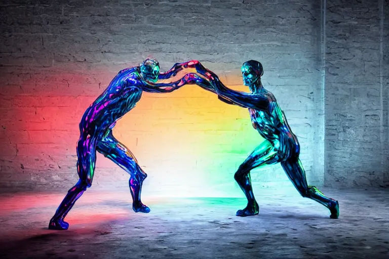 Prompt: full body, alan turing wrestling with agent smith, sculpture by auguste rodin, multicolored glowing tubes, glowing digital eyes, 8 k, front shot, symetrical, flourescent colors, halluzinogenic, multicolored, insanely detailed, 3 d render, octane