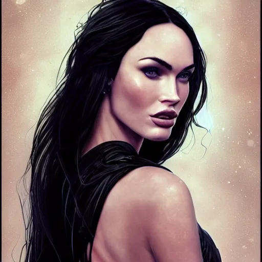 Prompt: portrait of megan fox wearing a black dress with galaxy lights and stars, sultry body with sexy belly, fantasy, intricate, elegant, highly detailed, digital painting, artstation, concept art, matte, sharp focus, illustration, art by aenaluck and roberto ferri and greg rutkowski, epic fantasy, digital painting