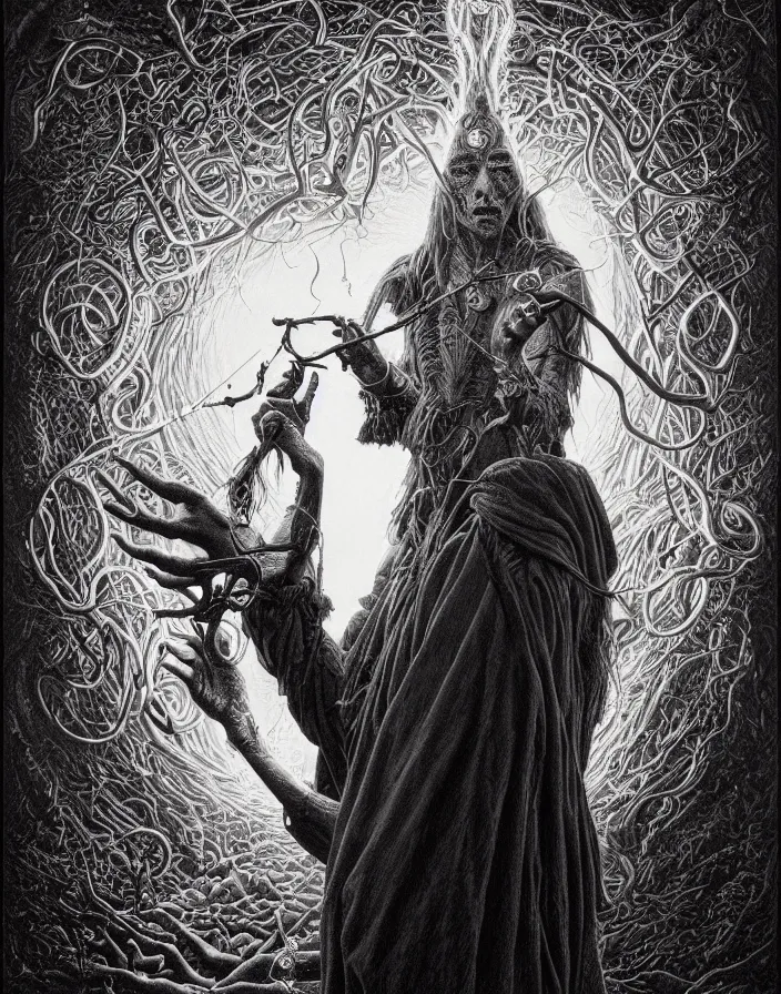 Image similar to highly detailed portrait of a dark mage casting a spell by alex grey, patrick woodroffe, mark ryden created by gustave dore and greg rutkowski, high detailed, smooth draw, synthwave neon retro, intricate, realistic proportions, dramatic lighting, trending on artstation