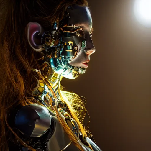 Image similar to Fine art photography portrait of a solarpunk half robot half human girl with real human face, highly detailed, cinematic lighting 8k