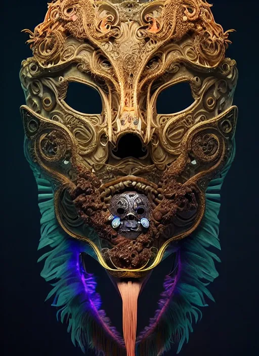 Image similar to 3 d face in venetian mask portrait, global illumiantion beautiful intricate highly detailed quetzalcoatl skull and feathers. bioluminescent, plasma, lava, ice, water, wind, creature, thunderstorm! artwork by tooth wu and wlop and beeple and greg rutkowski, 8 k trending on artstation,