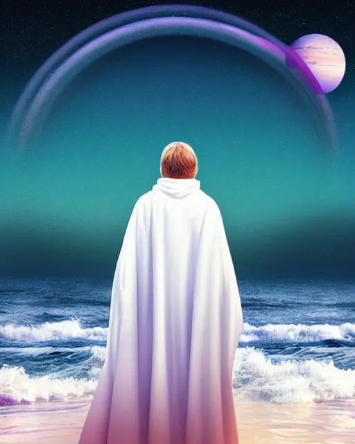 Image similar to a person wearing a white cloak that's blowing in the wind. they are standing in the water. a large planet with rings is visible in the sky. an album cover by stanley twardowicz, trending on cg society, retrofuturism, retrowave, chillwave, synthwave