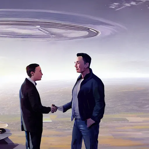 Image similar to illustration of a meeting between elon musk, mark zuckenberg, jeff bezos, very detailled, by artgem, by david rutkowski