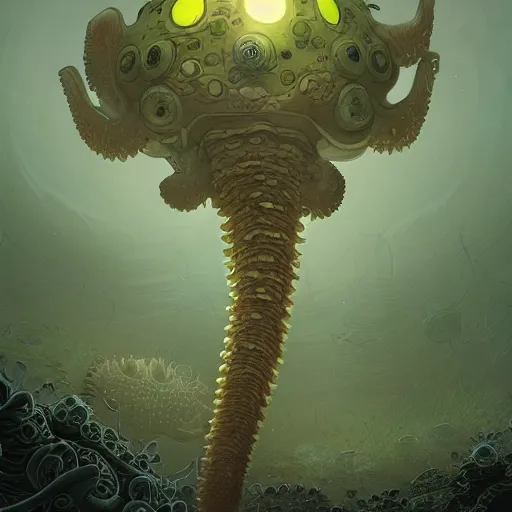 Image similar to highly detailed illustration of a nausicaa alien cephalopod in a world overgrown with fungus and spores, diffuse lighting, fog, stunning atmosphere, religious imagery, huge gargantuan black sun, muted colors, by kilian eng and james jean