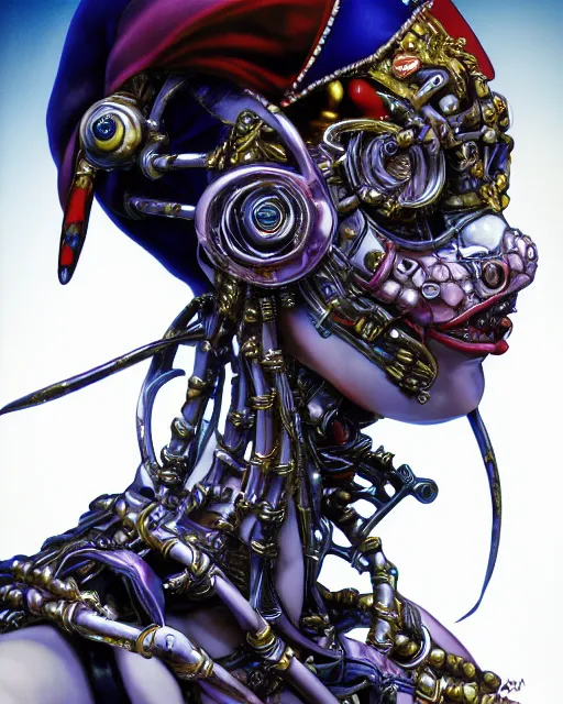 Prompt: jester, harlequin by yoshitaka amano, by masamune shirow, biomechanical, profile portrait, 4 k, wide ayes, hyper detailed, hyperrealism, anime