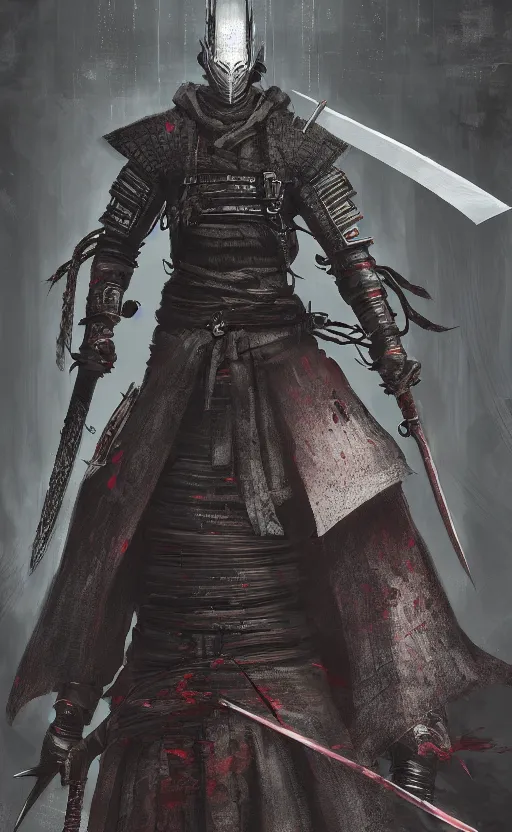 Image similar to a portrait of cyberpunk samurai with double sword, bloodborne concept art, 4 k