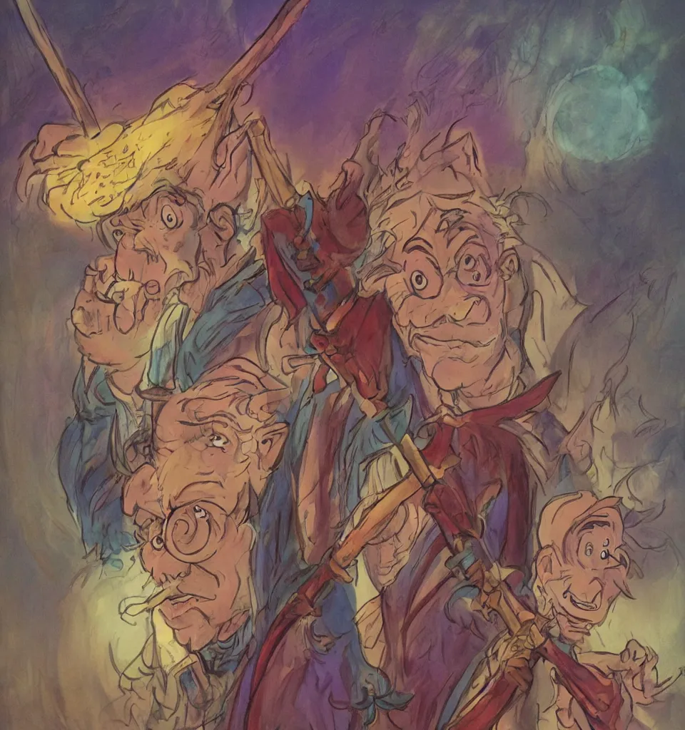 Image similar to colorful portrait of an old wizard with a magic staff, rodel gonzalez, marc davis, milt kahl, jim warren, don bluth, glen keane, jason deamer, rob kaz, character art, concept art,