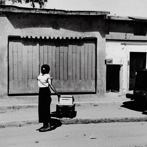 Prompt: of a young 2 1 year old white girl on the main street in bulawayo with a suitcase in 1 9 6 0 black and white photograph