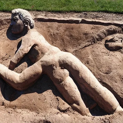 Image similar to archaeologists unearthing ancient statue of Donald Trump