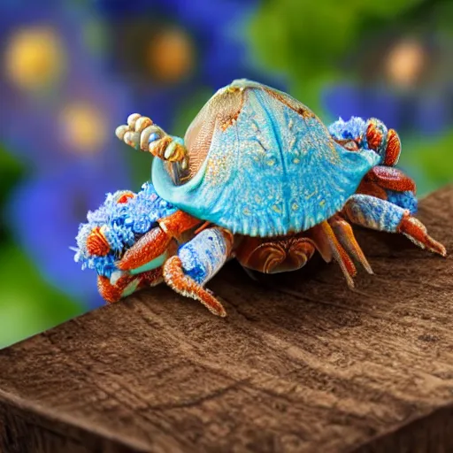 Prompt: a rococo hyperdetailed photorealistic blooming hermit crab, overgrown by blue flowers, surrounded by tiny white shells. hd matte background.