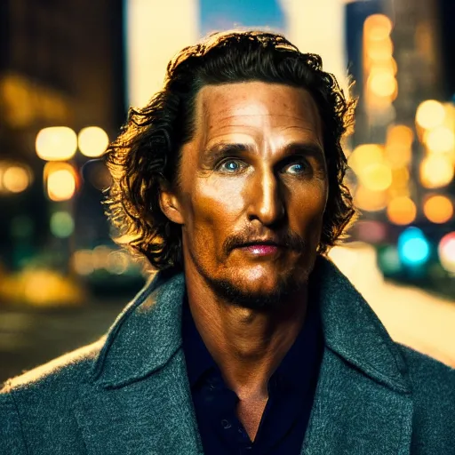 Image similar to a still of Matthew Mcconaughey . Shallow depth of field. City at night in background, lights, colors ,studio lighting, mood, 4K. Profession photography