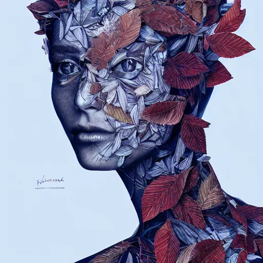 Image similar to the portrait of an extremely beautiful, gorgeous, elegant, graceful, sensual, playful, and sophisticated young woman made of leaves, an ultrafine detailed illustration by james jean, giuseppe arcimboldo, intricate, bright colors, final fantasy,, unreal engine 5 highly rendered, global illumination, radiant light, detailed.