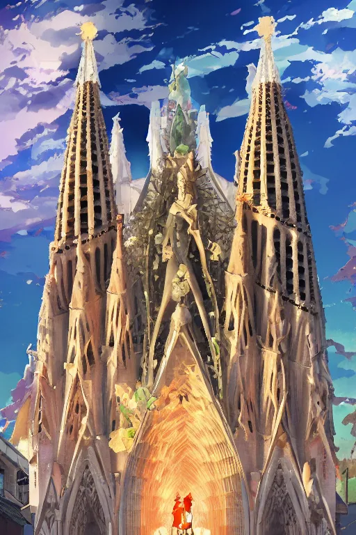 Image similar to sagrada familia cathedral and shiba ， anime fantasy illustration by tomoyuki yamasaki, kyoto studio, madhouse, ufotable, comixwave films, trending on artstation 8 k