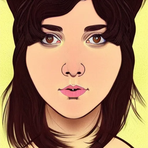 Prompt: chubby brunette woman with straight hair in a short bob, round face, romanian heritage, brown eyes, olive skin, bulbous nose, big chin, wide face, no bangs, digital art, cartoon, 8k, illustration, art nouveau, Alphonse Mucha, trending on artstation, medium shot, head shot