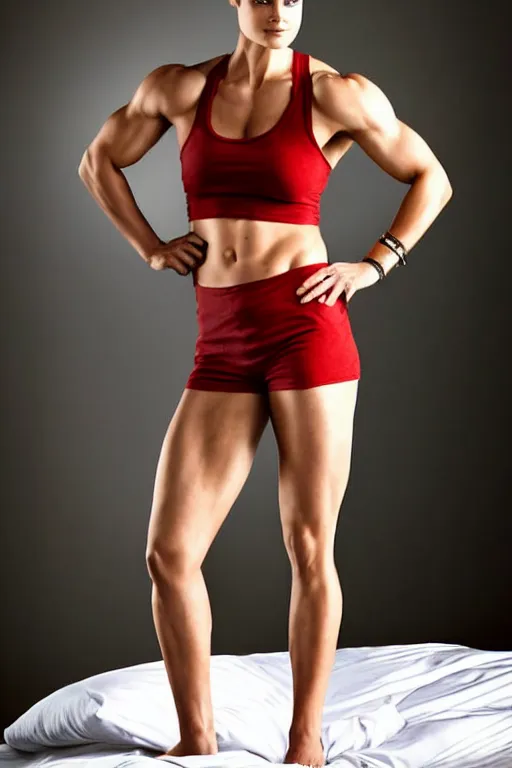 Image similar to realistic photograph. warrior woman, 2 7 years old, in her bedclothes : tight, white tanktop lose, comfortable, red pajama pants. jaimie alexander. her hair is short, straight, raven - black. fair - complected but tan. tall and gracile, except for her thick ripped vascular buff muscular arms and her ample bust.