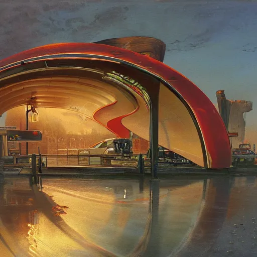 Prompt: painting of syd mead artlilery scifi organic shaped gas station with ornate metal work lands on a body of water, fossil ornaments, volumetric lights, red sun, andreas achenbach