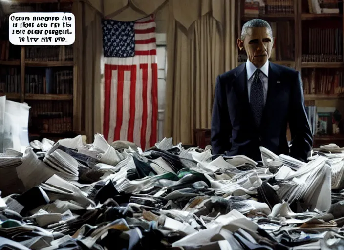 Image similar to obama nervously standing by a mountain of papers, film still in the new batman movie, 4 k