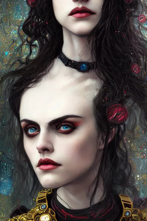 Image similar to portrait of beautiful gothic Alexandra Daddario, cyberpunk, Warhammer, highly detailed, artstation, illustration, art by Gustav Klimt