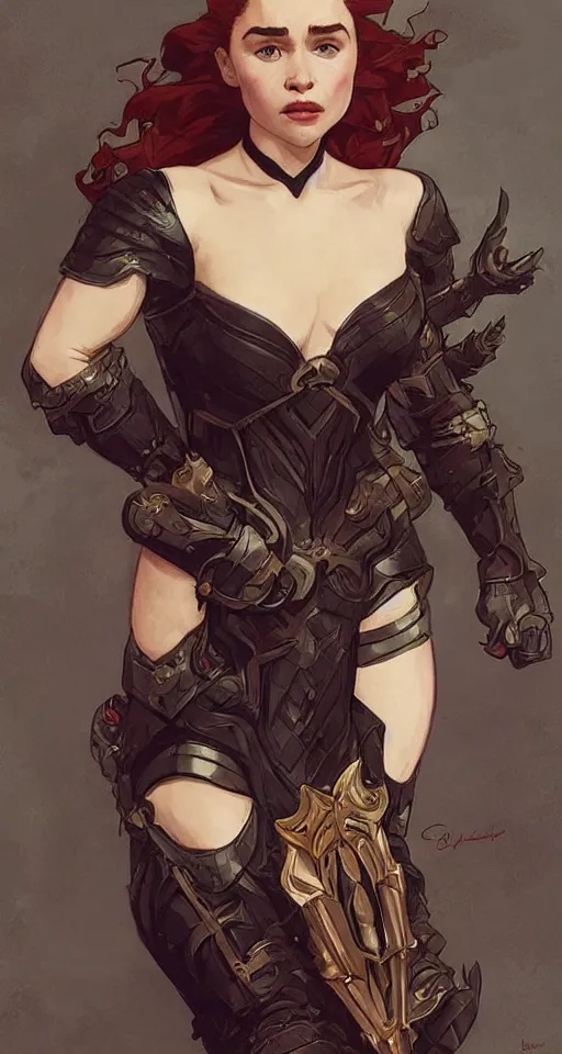 Prompt: redhead emilia clarke wearing black armour with bare legs, mucha, hard shadows and strong rim light, art by jc leyendecker and atey ghailan and sachin teng