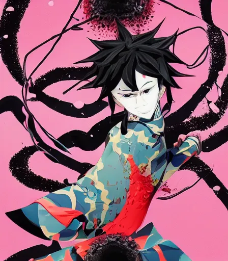 Image similar to Kimetsu no Yaiba by Alex Pardee and Nekro and Petros Afshar, and James McDermott,unstirred paint, vivid color, cgsociety 4K