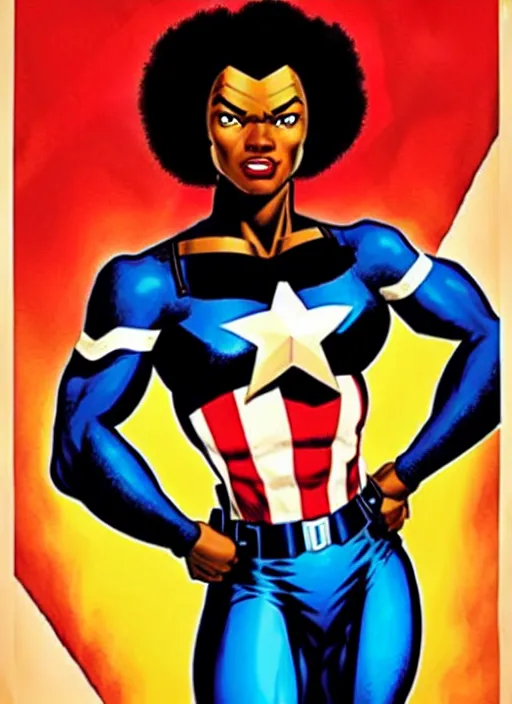 Image similar to beautiful black female captain america. afro - feminist captain america wins wwii. american wwii propaganda poster by james gurney, rob liefeld and pixar. gorgeous face. overwatch, realistic. black power