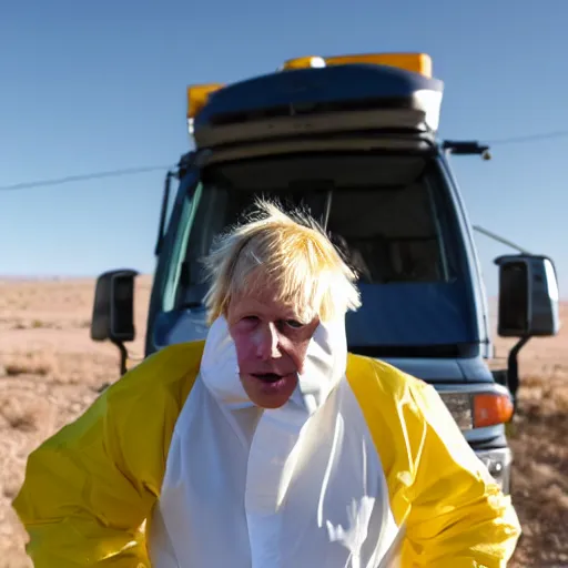 Image similar to A photo of Boris Johnson in a hazmat suit, Breaking Bad, New Mexico desert, cinematic lighting, RV