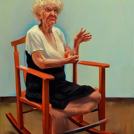 Image similar to painting in the zandinsky style of a grandmother sitting in a rocking chair, surrounded by her grandchildren, while she tells them a story, hiperrealism, artstation