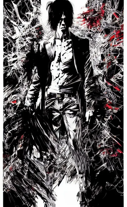 Prompt: full body portrait of nick cave with all the evil inside him, sumi - e lighting style, intricate linework, artstation, trending, highly detailed, smooth, focus, concept art by yoji shinkawa and glenn fabry, lee bermejo, gabriele dell'otto