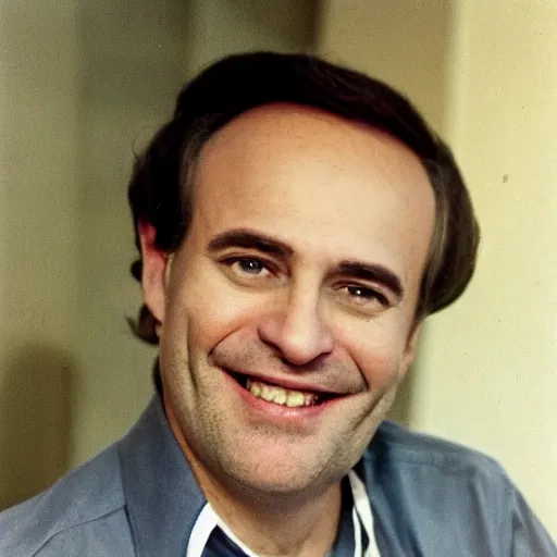 Prompt: color photograph of a balding middle aged brown haired hairy blue eyed round faced Jewish short white man dressed in a white shirt, grey pants and black dress shoes smiling at the camera with closed lips