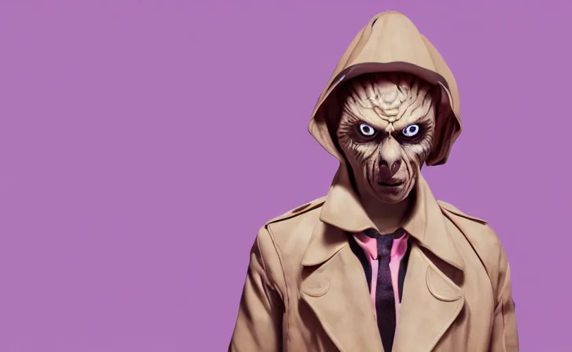 Image similar to a creepy slimy pink ocelot character, wearing a long beige trench coat, CGI, octane render, trending on artstation, 8K