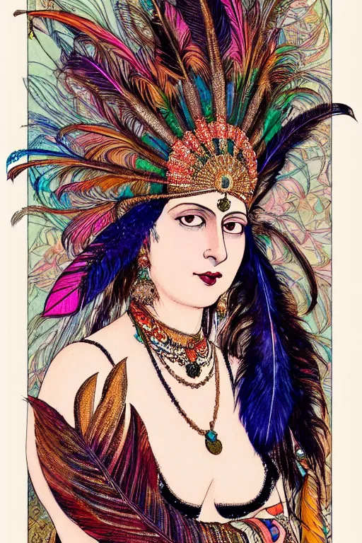 Prompt: portrait of mata hari, ultra realistic, feather headdress, indian fabric swirling colorful, fantasy, intricate, elegant, highly detailed, digital painting, artstation, concept art, matte, sharp focus, illustration, art by kay nielsen and walter crane, illustration style, watercolor