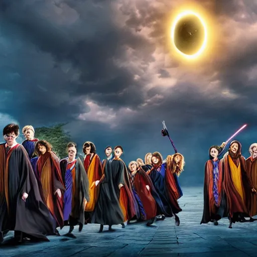 Prompt: Harry potter levitating, holding wand, colorful magic, back view, thunderclouds, cinematic shot, wide shot, epic scale, waving robe movement, photorealistic detail and quality, intricate ground stone, movie still, nighttime, crescent moon, sharp and clear, action shot, intense scene, visually coherent, symmetry, rule of thirds, movement, vivid colors, cool colors transitioning to warm colors, award winning, directed by Steven Spielberg, Christopher Nolan, Tooth Wu, Asher Duran, Greg Rutkowski