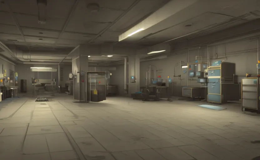 Image similar to screenshot of a game on unreal engine 5, narrow modern laboratory halls, photorealistic, liminal, retrofuturism, minimalism, soft vintage glow