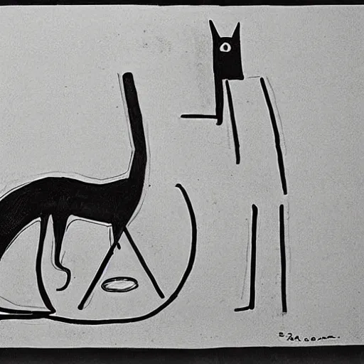 Image similar to saul steinberg drawing of a sphinx playing with a cat.