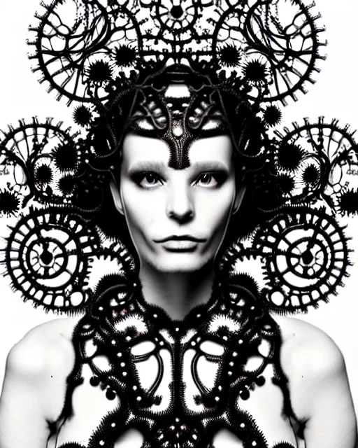 Image similar to surreal black and white photo portrait of complex bio-mechanical beautiful young female vegetal-cyborg with a Mandelbrot fractal steampunk metal fine lace face, curled silver hair and a fine metal floral foliage super big lace collar by Alexander McQueen:: high fashion, haute couture, rococo, steampunk, silver filigree details, anatomical, facial muscles, cable wires, microchip, elegant, hyper realistic, 150 mm lens, soft rim light, octane render, unreal engine, picture was taken in 1910, volumetric lighting, 8k,