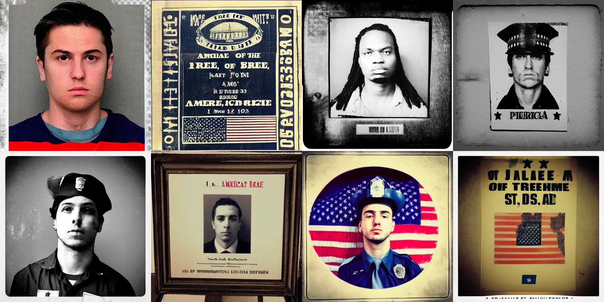 Prompt: “America land of the free and home of the brave, photograph, police mugshot”