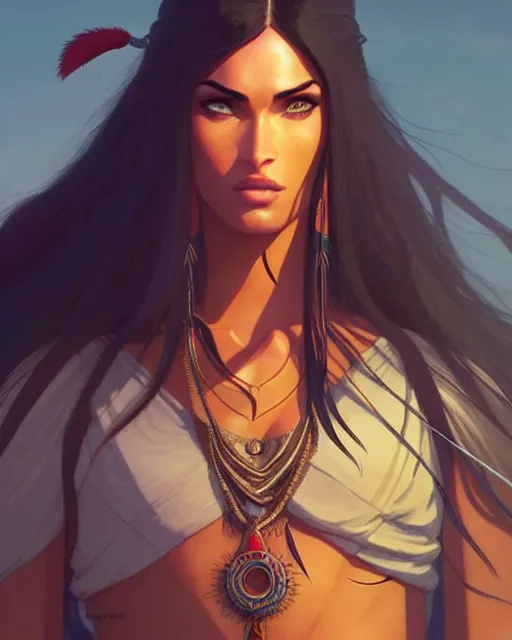 Image similar to indian warrior, megan fox, detailed perfect face, exquisite details, nose ring piercing!!!!, wind magic, mid view, design on a white background, by studio muti, greg rutkowski makoto shinkai takashi takeuchi studio ghibli