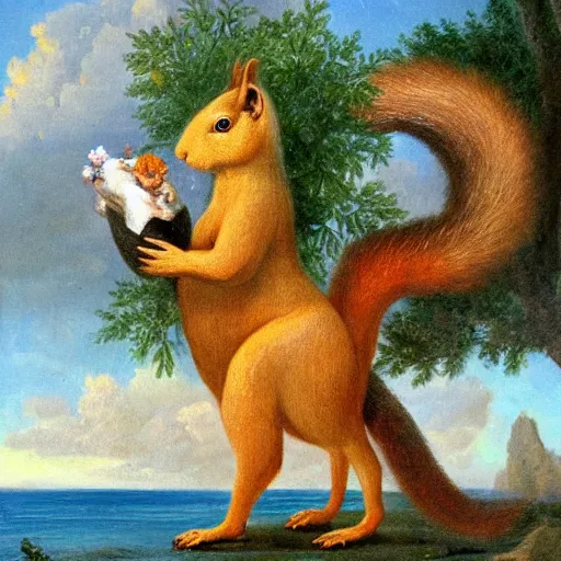 Image similar to a giant squirrel carrying napoleon!!! on its back, beach scene with flowers and foliage, detailed oil painting