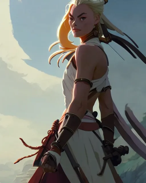 Image similar to azctec warrior, margot robbie, detailed perfect face, exquisite details, fire magic, mid view, design on a white background, by studio muti, greg rutkowski makoto shinkai takashi takeuchi studio ghibli