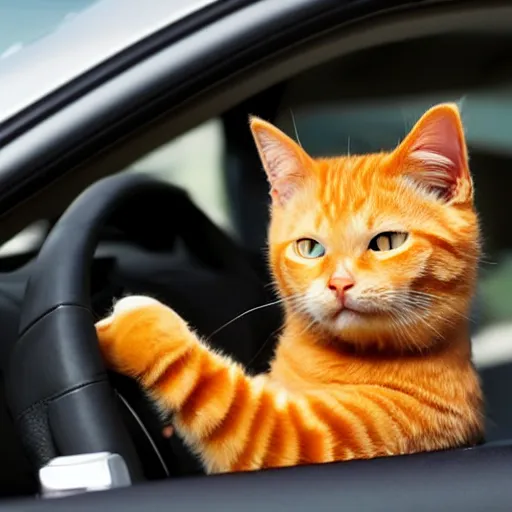 Prompt: an anthropomorphic orange tabby cat driving a car, his paws are on the steering wheel