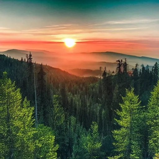 Image similar to sunset above forest, beautiful landscape, high detail, instagram photo, professional dslr photo, creative composition, beautiful composition