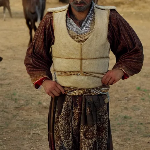 Image similar to Close up of a Kurdish shepherd wearing traditional Kurdish clothes in a movie directed by Christopher Nolan, movie still frame, promotional image, imax 70 mm footage