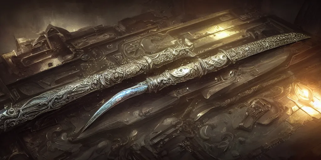 Image similar to legendary cybernetic sword lying flat on a glowing table with a long sharp black and iridescent sword blade, digital award winning hd matte painting, intimate dark moody, intricate, ornate spikes, colorful hilt, detailed realistic, raytraced blade, colored gems, future golden technological pommel, in the style of greg rutkowski and krenz cushart, deviantart