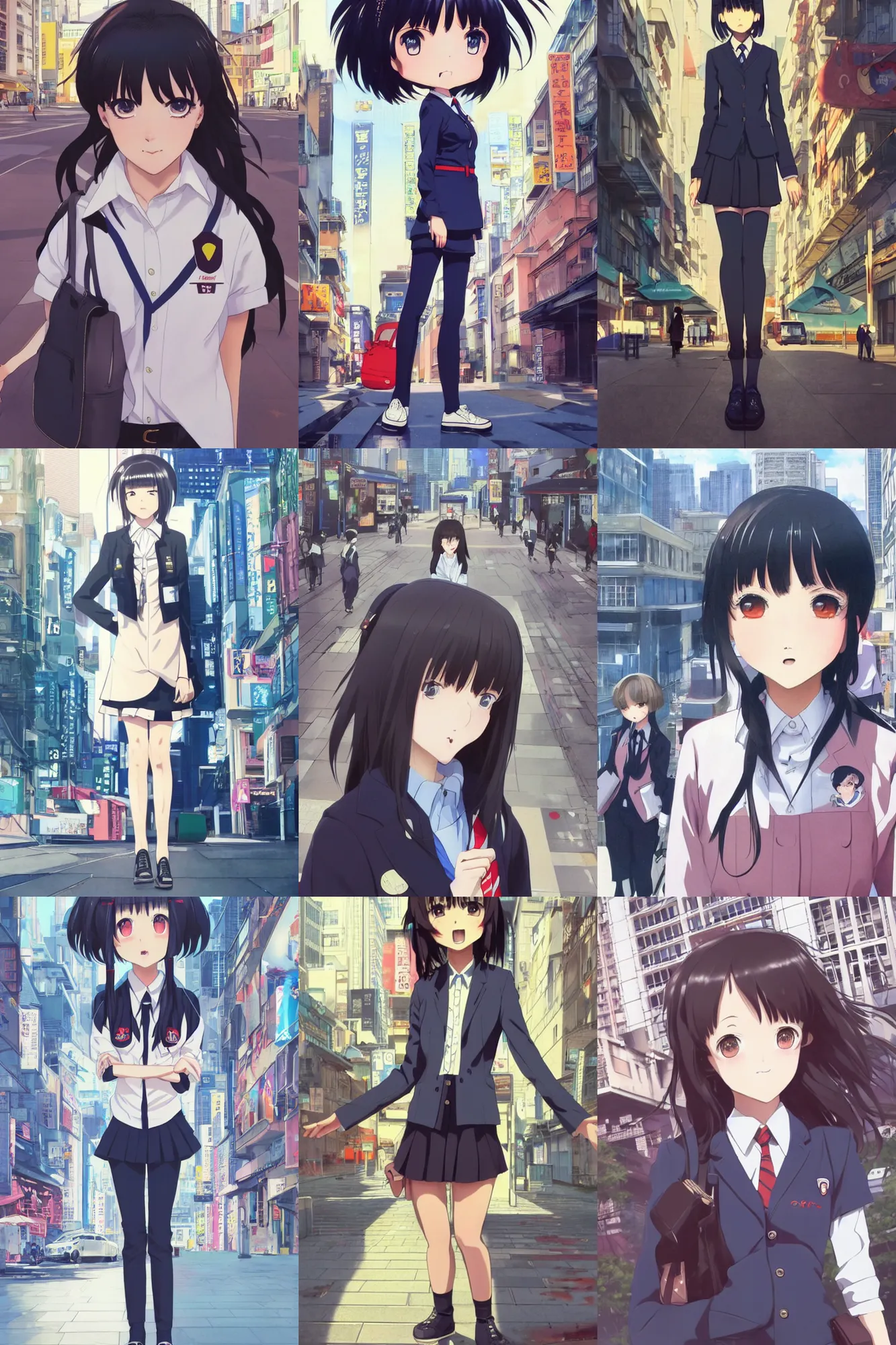 Prompt: a cute girl wearing school uniform standing in the city | | very very anime!!!, fine - face, realistic shaded perfect face, fine details, anime, realistic shaded lighting, poster by ilya kuvshinov katsuhiro otomo ghost - in - the - shell, magali villeneuve, artgerm, jeremy lipkin and michael garmash and rob reyt