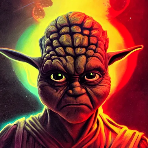 Image similar to portrait of angry eye yoda as a dark sith, overwhelming energy, detailed background by m. w. kaluta + bruce pennington, dark side, neon color, volumetric lighting, colorful vapor, deep dark color, floating molecules, digital painting, oil painting, artwork by ralph mcquarrie + cory loftis + andreas rocha + paul lehr + ian mcque + eddie mendoza