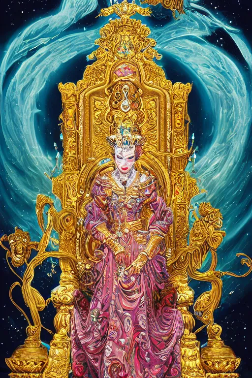 Prompt: ultradetailed painting of a beautiful grand empress on a throne made of gold and Jewels with a single white tiger guardian at her side by Dan Mumford, magical realism, volumetric lighting, 4k