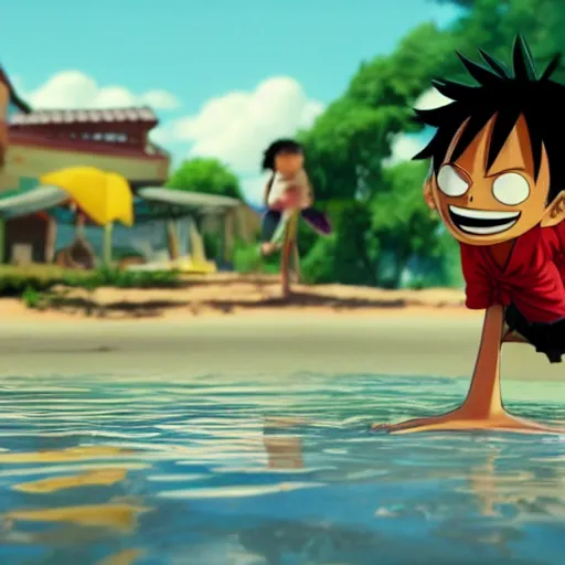 Image similar to a cinematic film still from a 2022 Pixar movie About Luffy from one piece, in the style of Pixar, shallow depth of focus