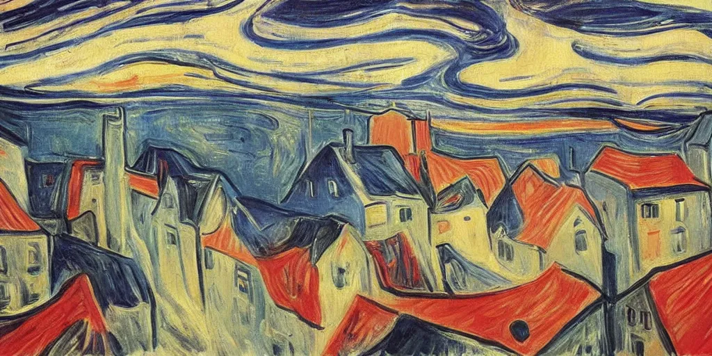 Prompt: ' a painting of a storm with people and houses by edvard munch'